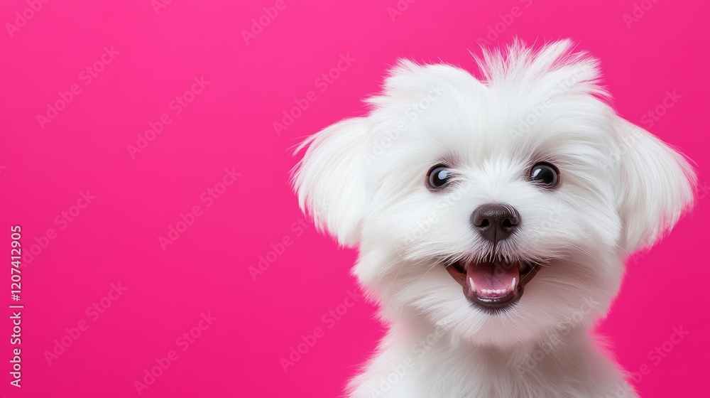 White dog with a pink background is smiling. The dog's eyes are open and it is happy White dog with a pink background is smiling. The dog's eyes are open and it is happy