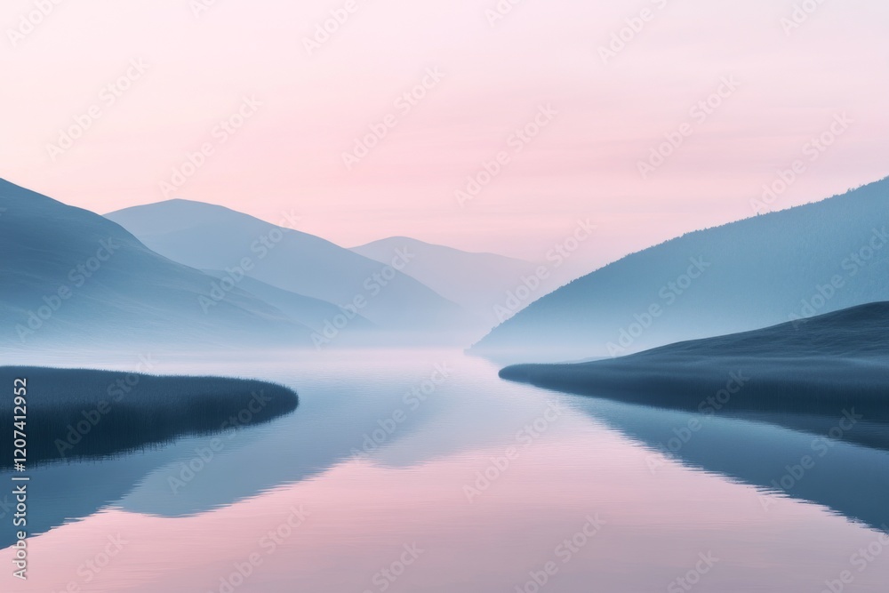 Obraz premium A calm river flows through the center with subtle reflections of the surrounding mountains