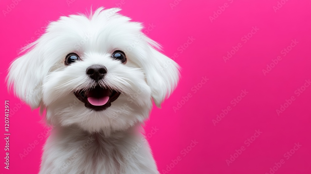 White dog with a pink background. The dog is smiling and looking at the camera. The pink background gives the image a playful and cheerful mood White dog with a pink background. The dog is smiling and looking at the camera. The pink background gives the image a playful and cheerful mood
