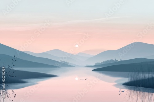 A calm river flows through the center with subtle reflections of the surrounding mountains