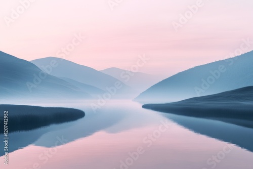 A calm river flows through the center with subtle reflections of the surrounding mountains