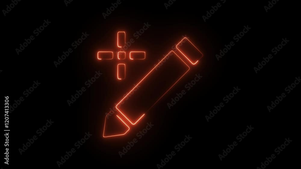 Glowing Neon Pencil Icon, Symbol of Creativity and Writing Tools, HD Video Motion Graphic Animation on Black Background