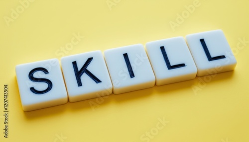 Close-up view of white tiles with the word SKILL written in black font against a yellow backdrop