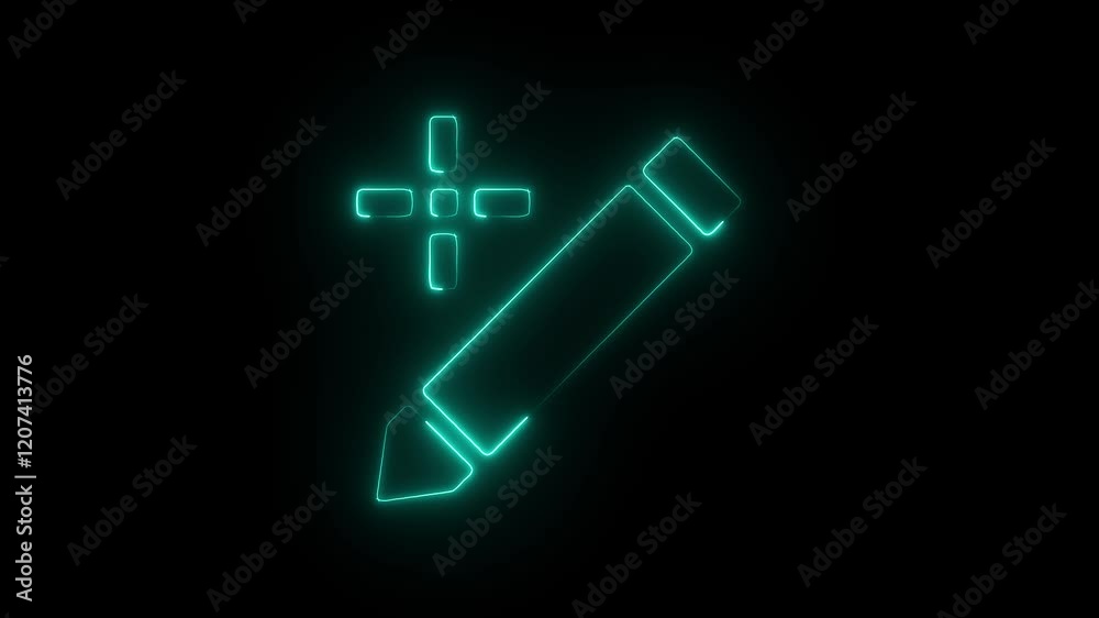 Glowing Neon Pencil Icon, Symbol of Creativity and Writing Tools, HD Video Motion Graphic Animation on Black Background