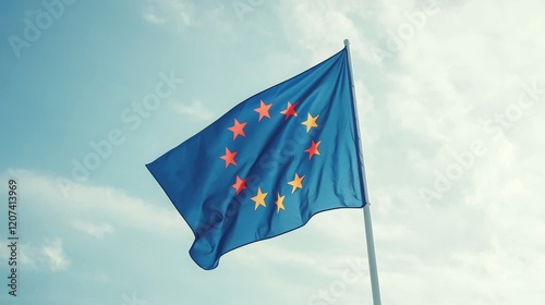 A blue flag with a circle of yellow stars, representing the European Union, waving against the sky.