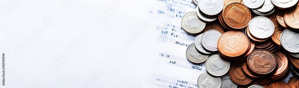 A collection of coins on a financial document, representing currency and transactions. A collection of coins on a financial document, representing currency and transactions.