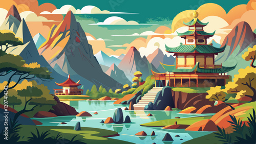 Lake and mountain landscape in Chinese style. Beautiful print for your decor and design painting art