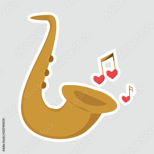 Romantic Saxophone with Heart Notes Vector Sticker. Charming vector illustration of a saxophone with heart-shaped musical notes. Ideal for romantic and musical themes