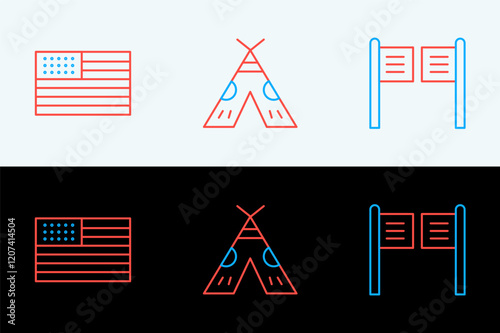 Set line Saloon door, American flag and Indian teepee wigwam icon. Vector