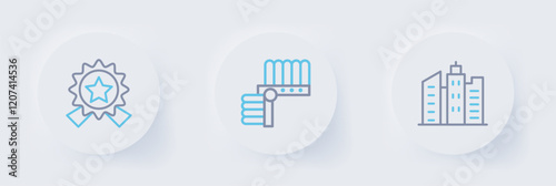 Set line City landscape, Indian headdress with feathers and Medal star icon. Vector