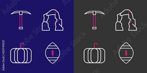 Set line American Football ball, Pumpkin, Grand canyon and Pickaxe icon. Vector