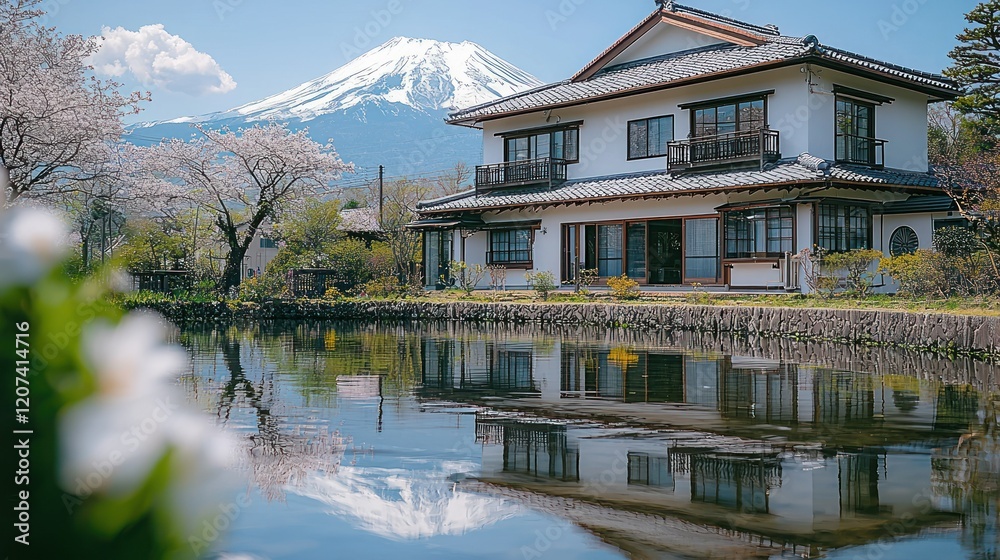 Fototapeta premium Serene Japanese House with Mount Fuji Reflection