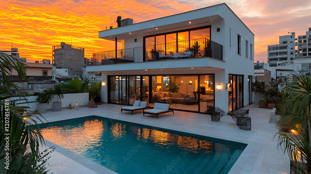 Obraz premium Luxury Modern Villa with Pool at Sunset, Stunning Residential Architecture