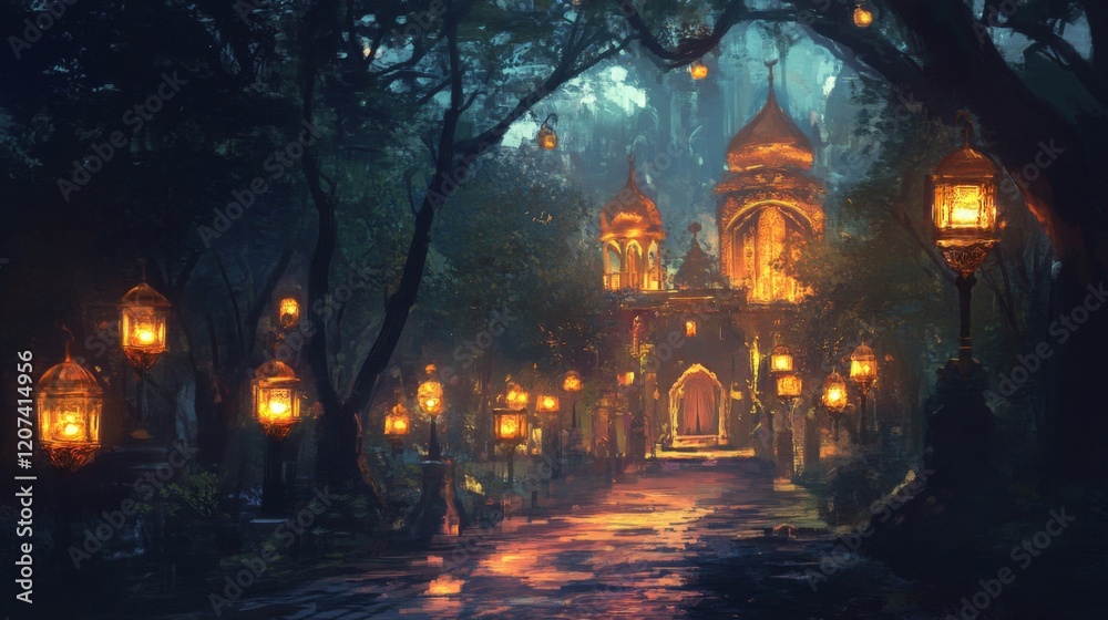 Enchanted Forest Temple at Night with Glowing Lamps Enchanted Forest Temple at Night with Glowing Lamps