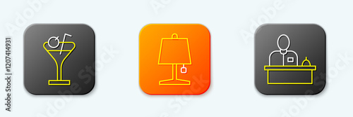 Set line Martini glass, Table lamp and Hotel reception desk icon. Vector