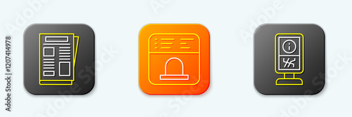 Set line News, Ticket office to buy tickets and Information stand icon. Vector