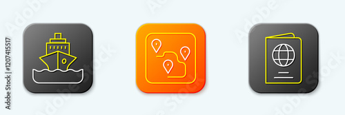 Set line Cruise ship, Route location and Passport icon. Vector