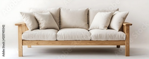 Classic wooden sofa with neutral beige cushions, positioned against a clean white backdrop