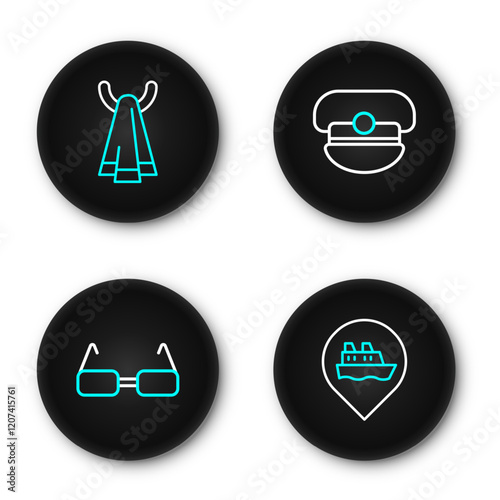 Set line Location with cruise ship, Glasses, Captain hat and Towel hanger icon. Vector