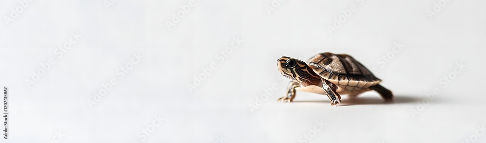 A small turtle slowly moving across a light background. A small turtle slowly moving across a light background.