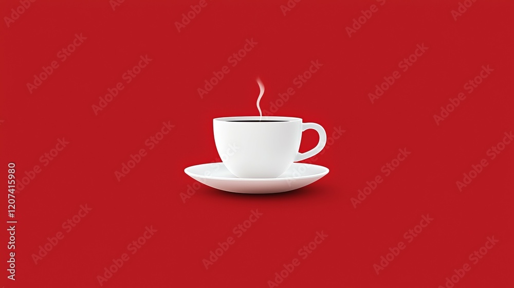 Obraz premium A simple white coffee cup on a saucer with steam against a red background.