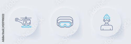 Set line Winter athlete, Ski goggles and Rescue helicopter icon. Vector