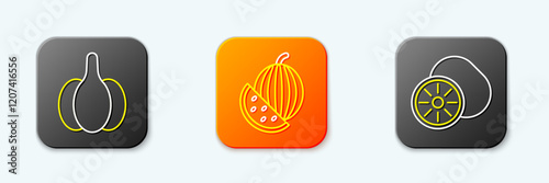 Set line Garlic, Watermelon and Kiwi fruit icon. Vector