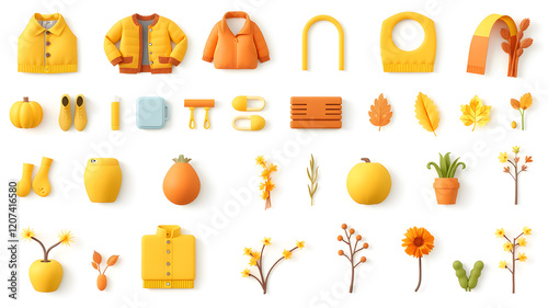 Autumn seasonal clothes and plants 3d vector icons collection. Cute three dimensional yellow and orange plastic objects set isolated on white background. Generative AI photo