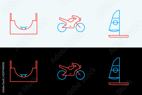 Set line Windsurfing, Skate park and Motorcycle icon. Vector