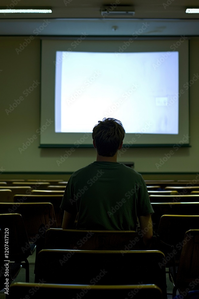 Young Man Watching Presentation In Lecture Hall Young Man Watching Presentation In Lecture Hall
