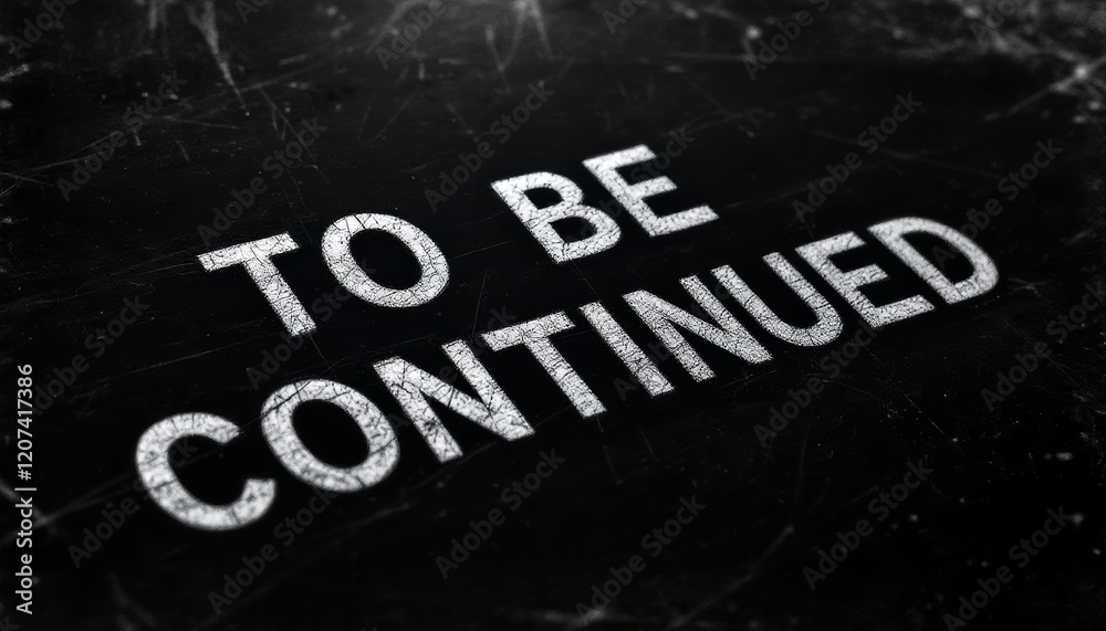 Fototapeta premium Text on a dark, scratched surface reads 'TO BE CONTINUED', an unfinished or suspended scene