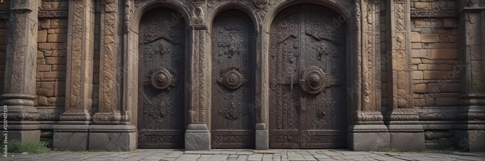 Ancient stone door with intricate carvings and ornate details, entrance gate, Islamic art Ancient stone door with intricate carvings and ornate details, entrance gate, Islamic art