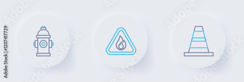 Set line Traffic cone, Fire flame in triangle and hydrant icon. Vector