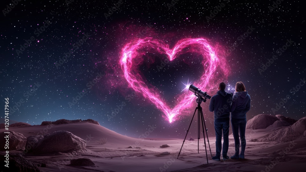 Fototapeta premium Cosmic Love: A couple stands silhouetted against a breathtaking night sky, gazing at a luminous pink heart-shaped nebula through a telescope. The scene evokes a sense of wonder, romance.