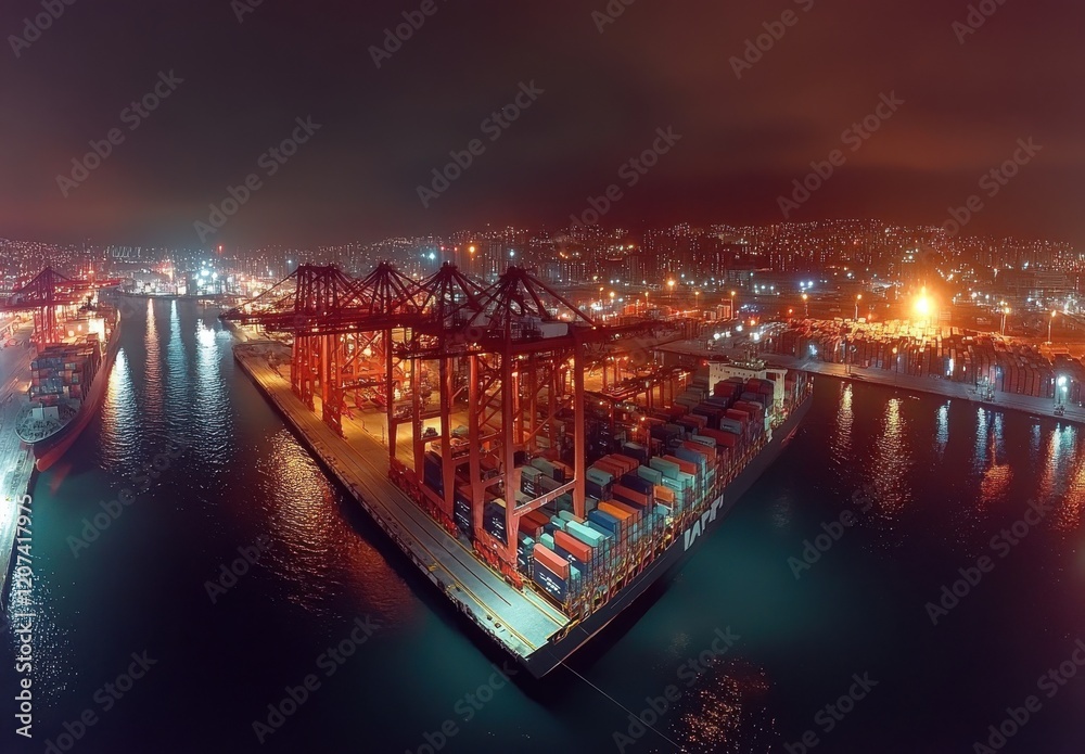 Aerial View of a Busy Shipping Port at Night with Illuminated Containers, Cranes, and Calm Waters Reflecting City Lights in the Background