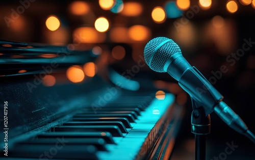 Electric piano bathed in teal light, a microphone poised nearby, ready for a soulful performance in a dimly lit jazz club.