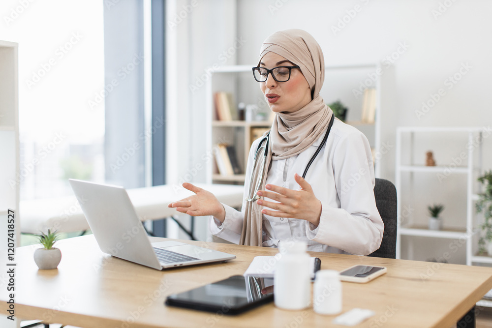 Muslim female doctor wearing hijab conducts video consultation with patient using laptop. Young adult in professional office setting discussing healthcare remotely, engaging in telemedicine. Muslim female doctor wearing hijab conducts video consultation with patient using laptop. Young adult in professional office setting discussing healthcare remotely, engaging in telemedicine.