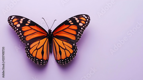 Vibrant Monarch Butterfly on Light Purple Background Displaying Wings photo