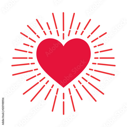 Red heart with rays flat icon, logo, 
the symbol of love, vector for 
Happy Valentine's day header, banner, printable, 
heart month, social media post 
isolated on white background