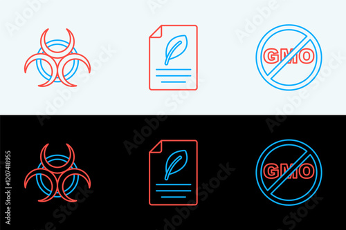 Set line No GMO, Biohazard symbol and Eco paper with leaf icon. Vector