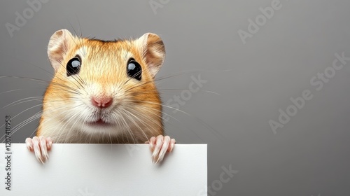 Hamster is looking at the camera with its eyes wide open. It is holding a white board in its paws photo