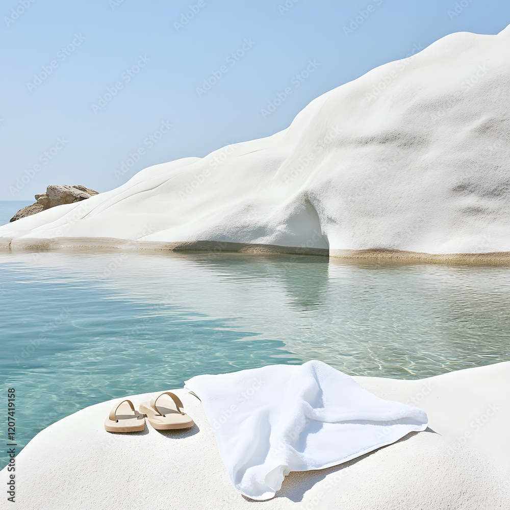 A serene coastal scene with smooth, white rock formations reflected in clear turquoise water. A white towel and a pair of Birkenstock sandals rest on the sunlit rock in the foreground. Clean sky. A serene coastal scene with smooth, white rock formations reflected in clear turquoise water. A white towel and a pair of Birkenstock sandals rest on the sunlit rock in the foreground. Clean sky.