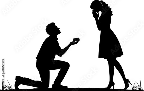 Vektor Körper Silhouetten Mann und Frau - Romantischer Heiratsantrag im Knien mit den Ringen - Liebe