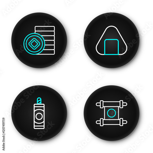 Set line Decree, paper, parchment, scroll, Firework, Sushi and Chinese Yuan currency icon. Vector