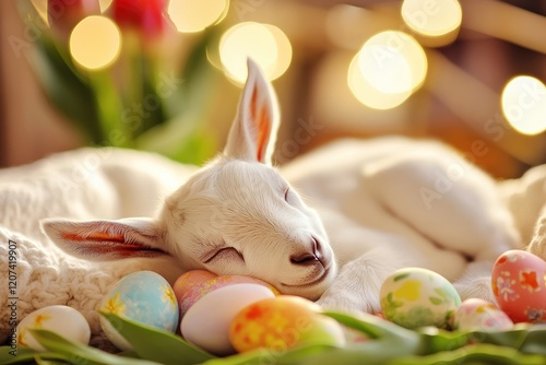 Soft lamb peacefully rests among colorful Easter eggs and bloomi photo