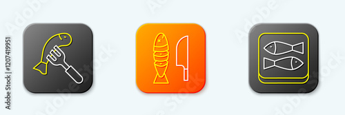 Set line Served fish on a plate, Fish with sliced pieces and Canned icon. Vector