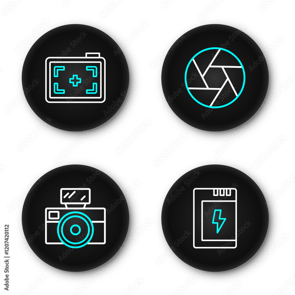Set line Battery for camera, Photo with flash, Camera shutter and icon. Vector Set line Battery for camera, Photo with flash, Camera shutter and icon. Vector