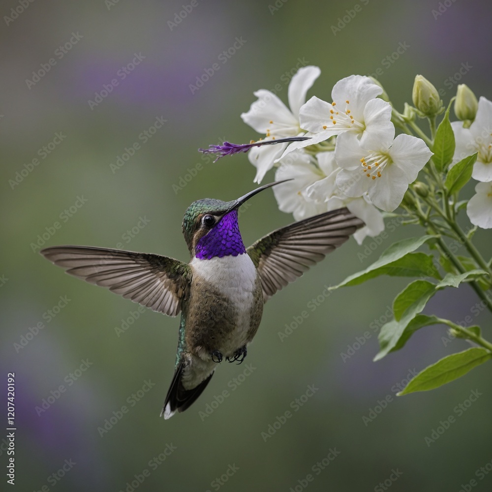 Naklejka premium A violet-crowned hummingbird hovering near a delicate white flower.