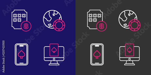 Set line Online poker table game, Casino chips and Lottery ball on bingo card icon. Vector