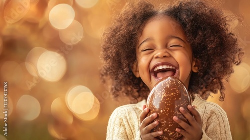 Joyful child holds chocolate egg, radiating happiness during spr photo